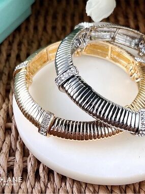 Tanner Silver Bangle Bracelet | Crystal Accents | Stretch to Fit | Silver | NEW